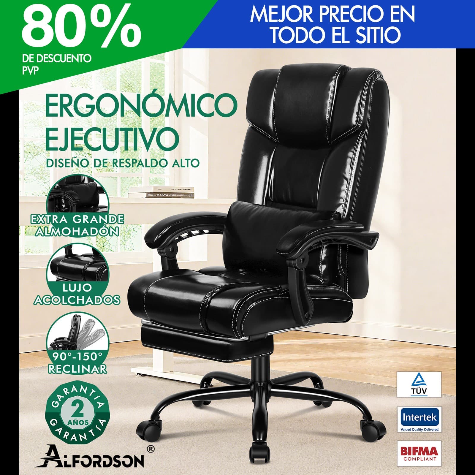 ALFORDSON Silla de Oficina Ordenador Gaming PU Cuero Asiento Recliner Negro