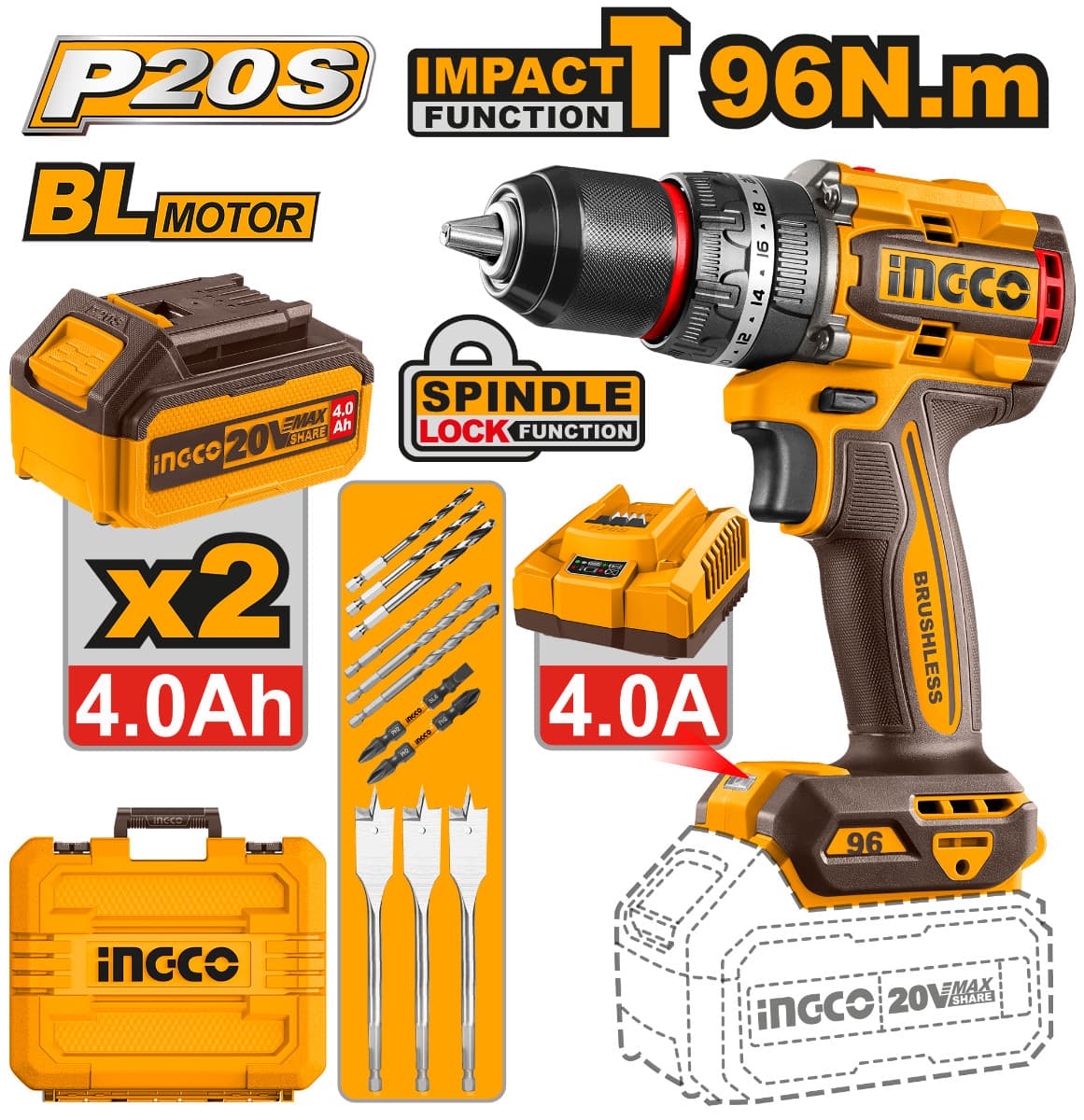 Ingco Taladro percutor Brushless 20V 96nm 2 baterías 4 ah + cargador + maletin