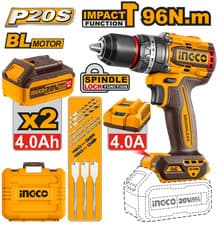 Ingco Taladro percutor Brushless 20V 96nm 2 baterías 4 ah + cargador + maletin