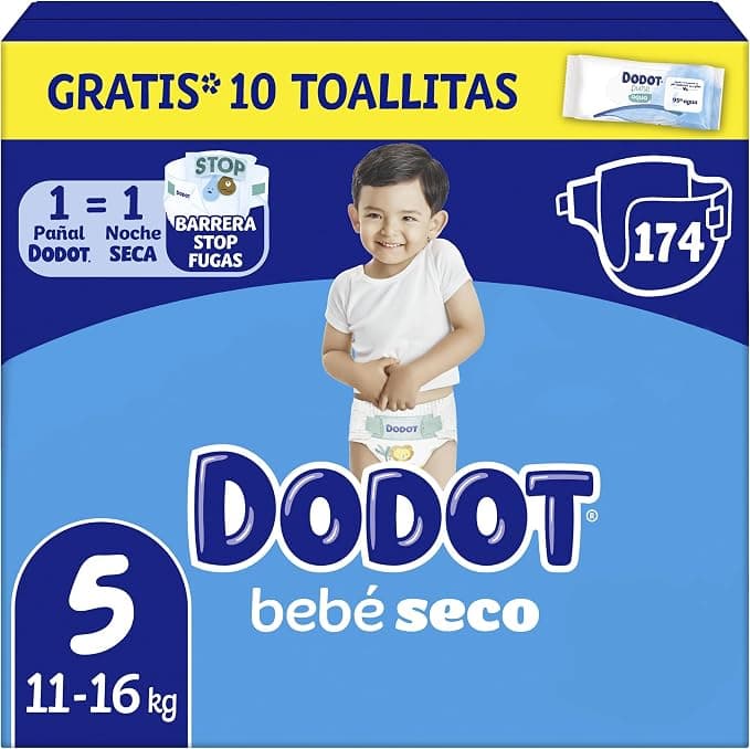 Dodot Bebé-Seco talla 5, 174 pañales y 10 toallitas