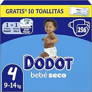 Dodot Bebé-Seco talla 4 (9–14 kg), 256 pañales y 10 toallitas
