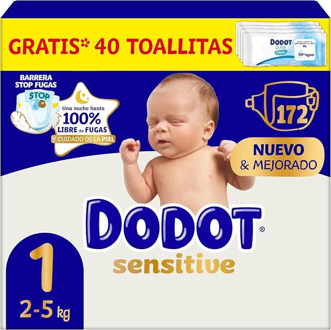 Dodot Sensitive talla 1, 172 pañales y 40 toallitas Aqua Plastic Free